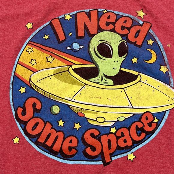 DOM Shirt Mens Large Red Graphic Short Sleeve Alien UFO  "I Need Some Space" - Picture 4 of 5
